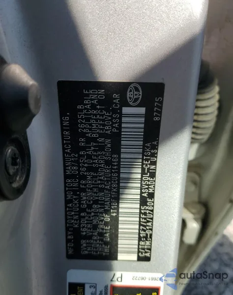 2012 Toyota Camry Base из США, поврежденный, VIN 4T1BF1FK8CU614468